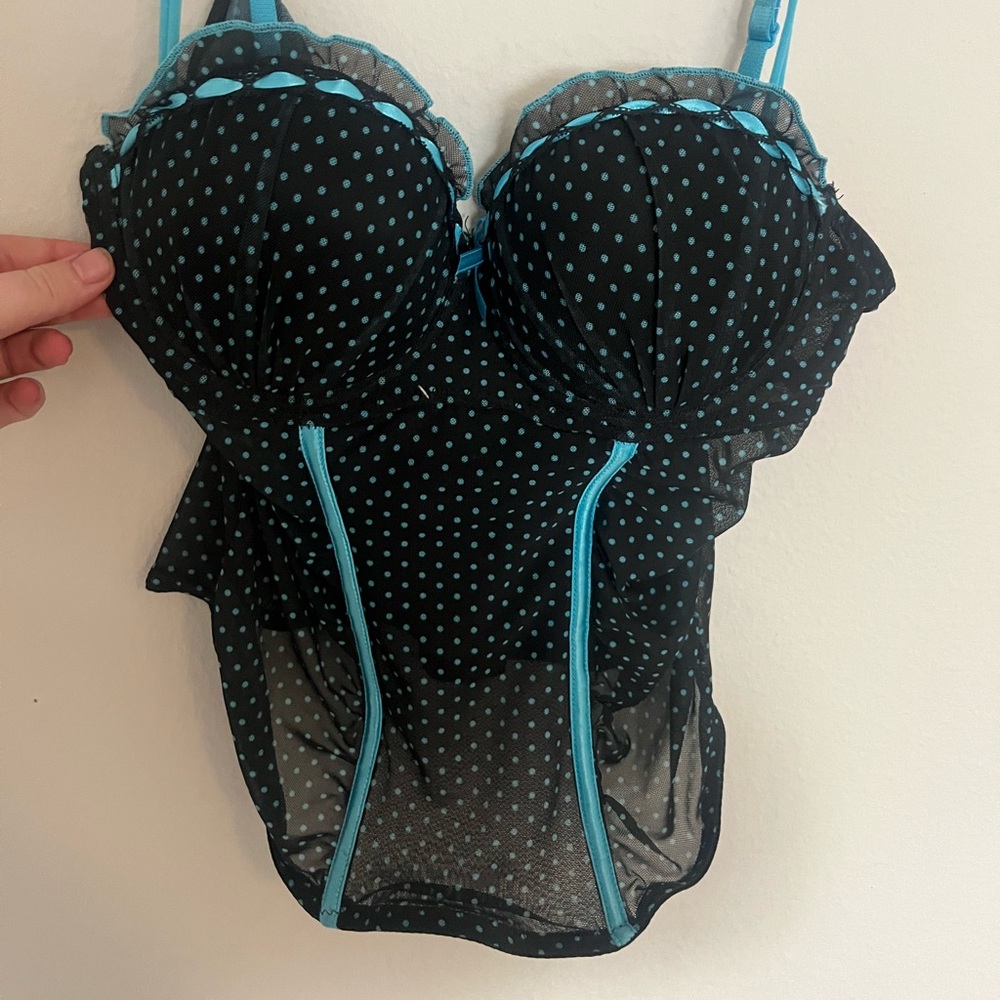 black and blue dotted corset top vintage